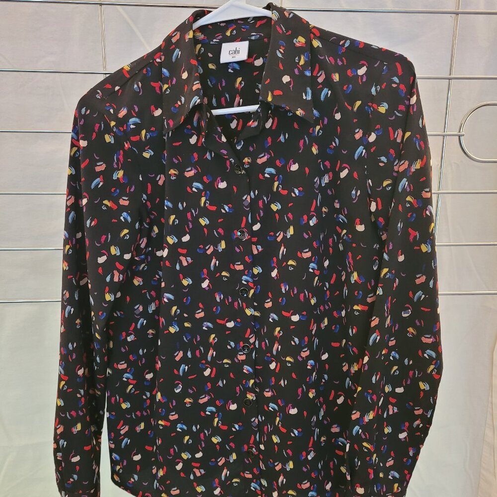 Cabi Confetti Print on Black Ferris Blouse, Style 3423, Size XS